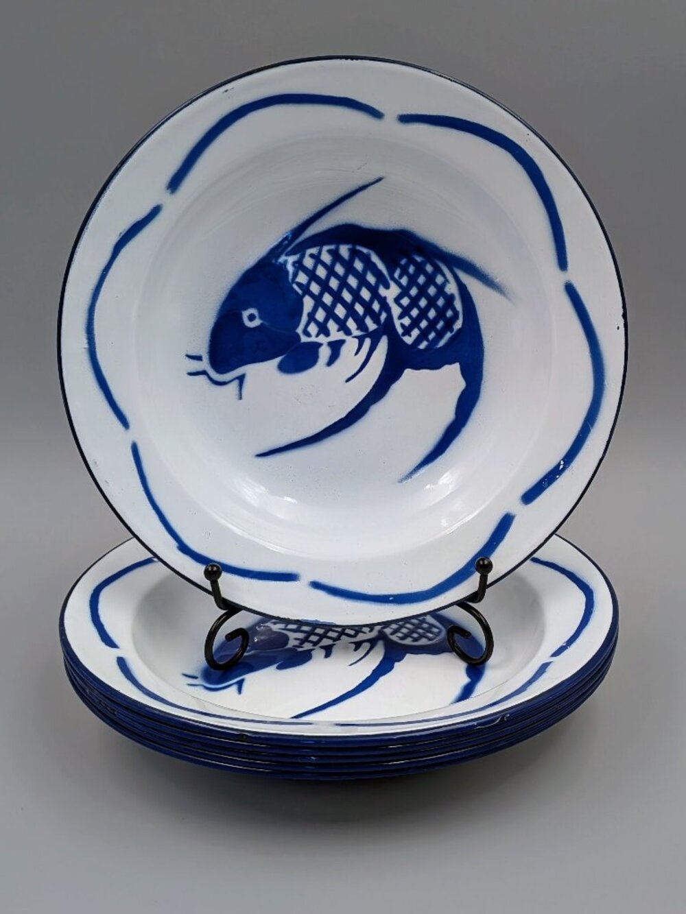 Vintage Chinese Metal Enamelware Blue & White Koi Fish Bowls - Set of 6